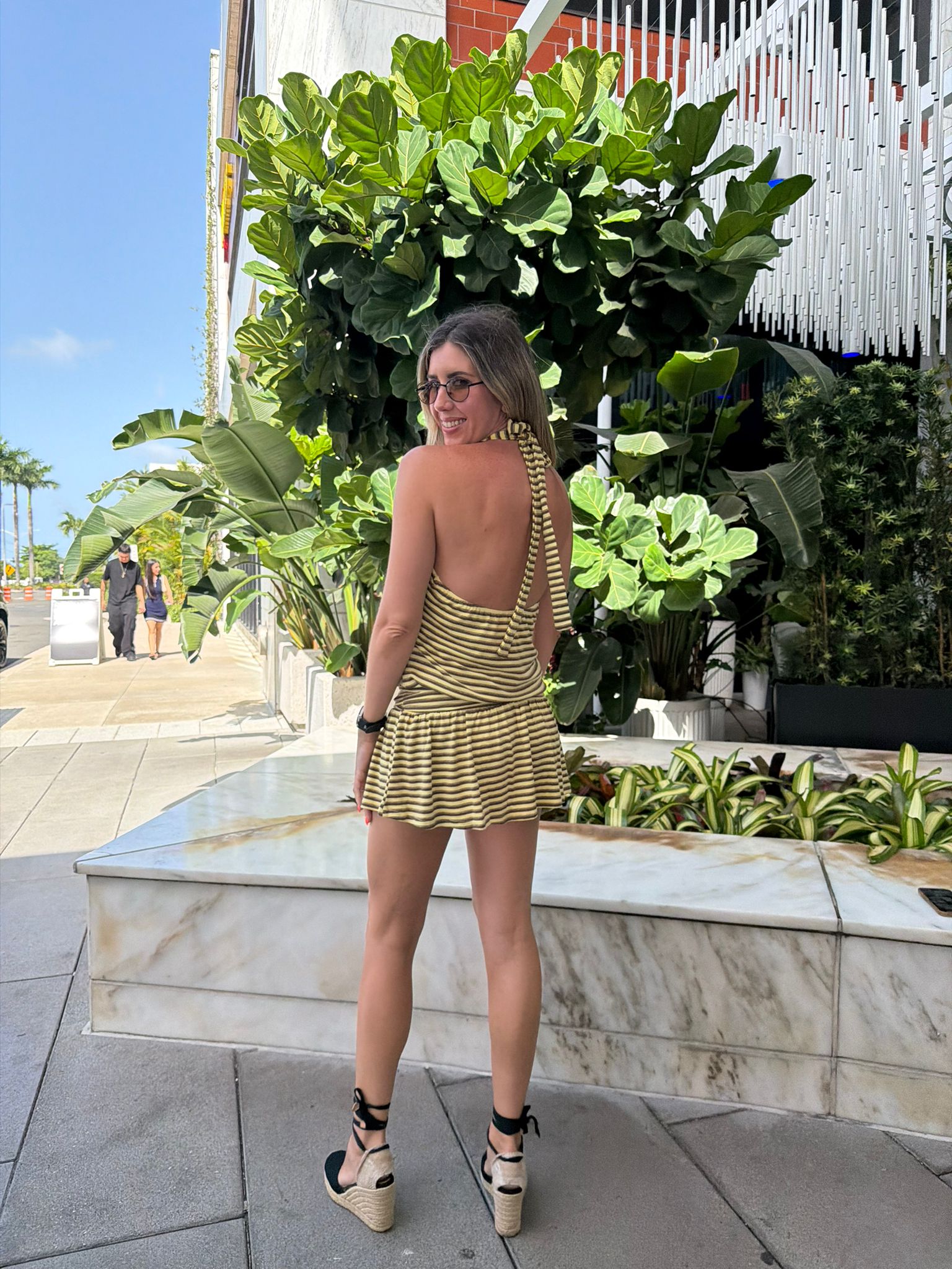 Striped Tie Neck Ruched Waist Dress