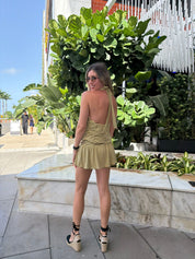 Striped Tie Neck Ruched Waist Dress