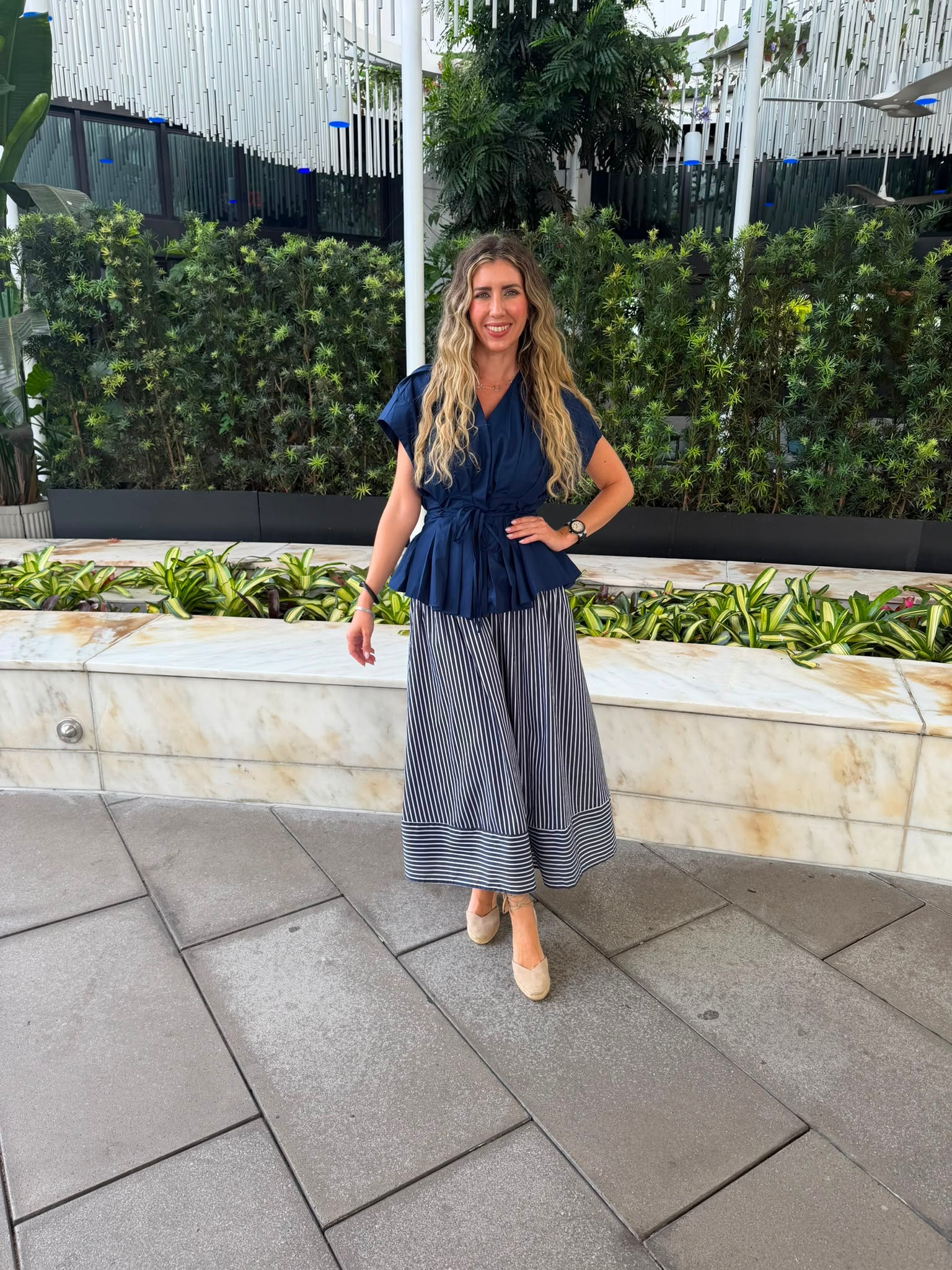 Striped Drop Waist Midi Skirt