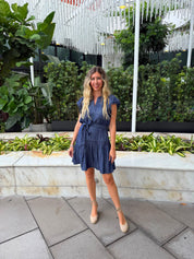 Embroidery Detail Split Neck Mini Dress