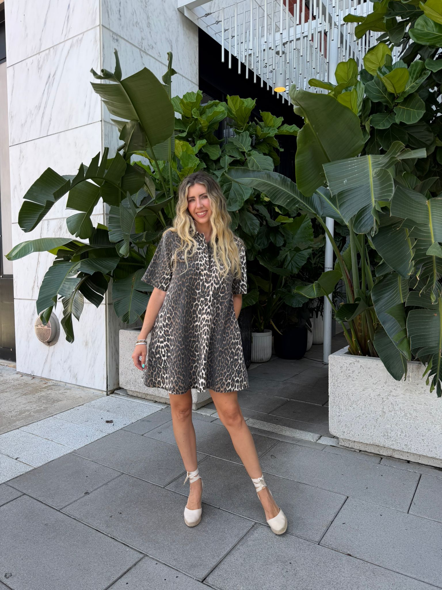 Leopard Print Button-Up Denim Dress
