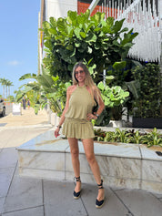 Striped Tie Neck Ruched Waist Dress