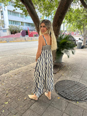 Wavy Striped Satin Midi Dress