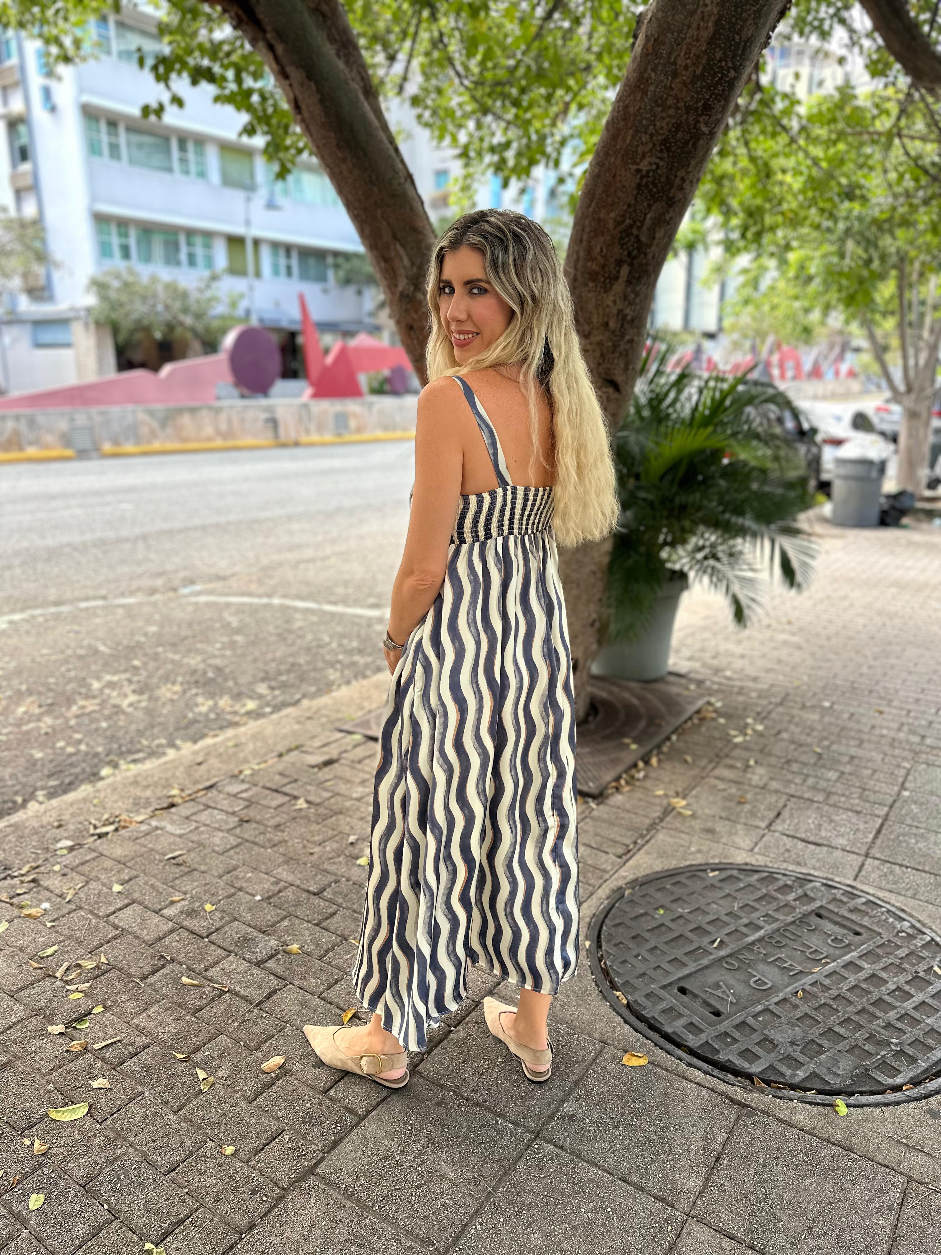 Wavy Striped Satin Midi Dress