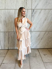Knotted Flower Pleat Midi Dress