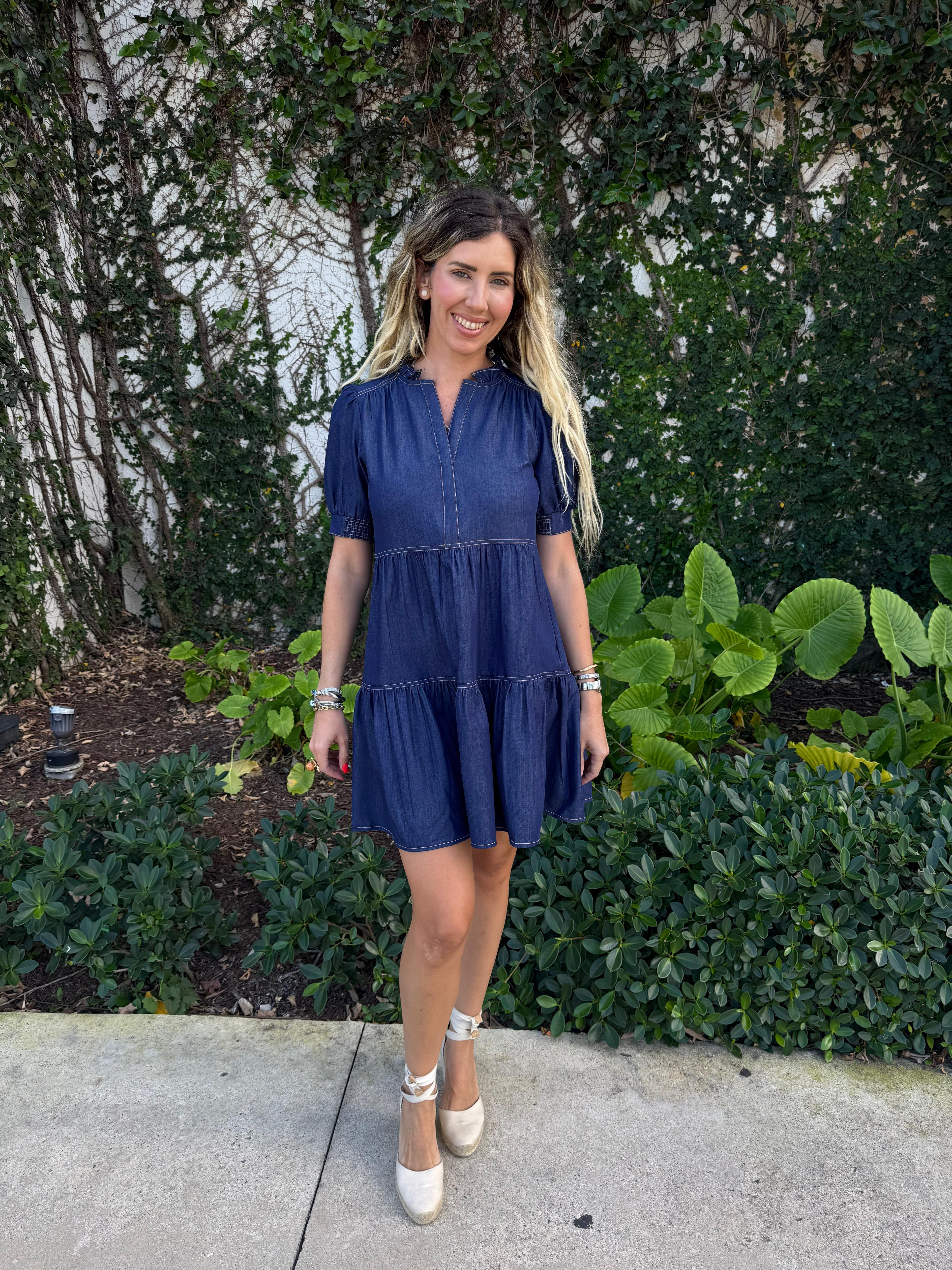 Split Neck Tiered Mini Dress