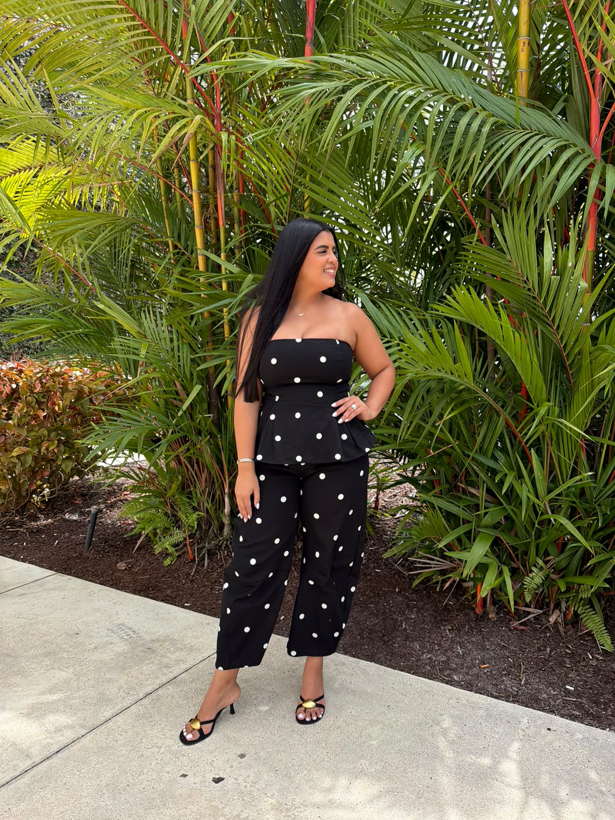 Polka Strapless Top & Barrel Jeans