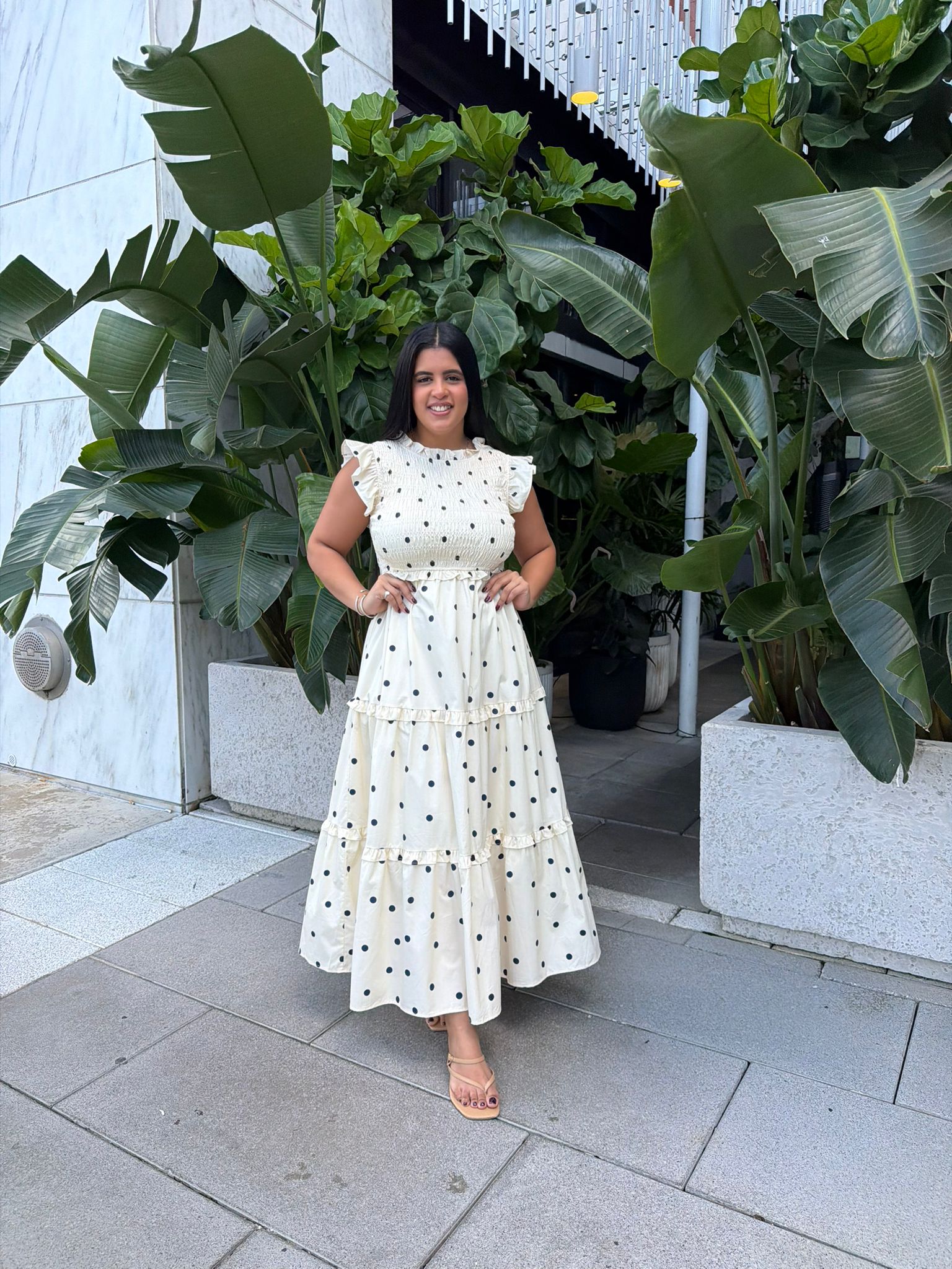 Ruffle Slv. Polka Dot Midi Dress
