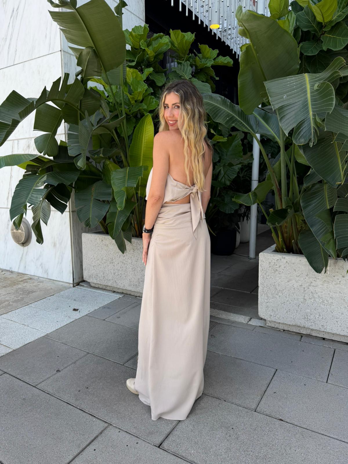 Metal Halter Top & Buckel High Low Skirt