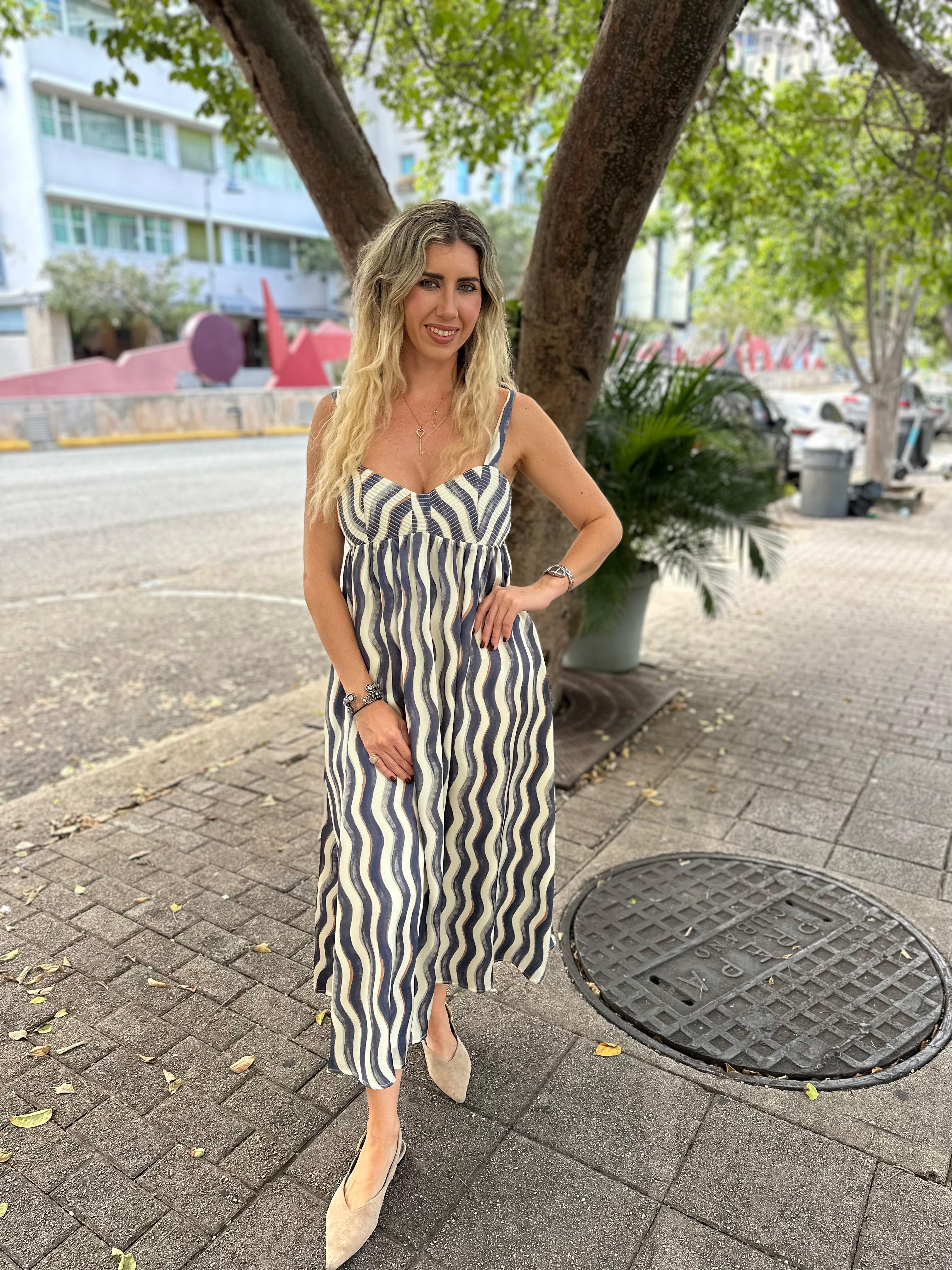 Wavy Striped Satin Midi Dress