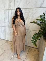 Suede Flower Top Tiered Maxi Dress