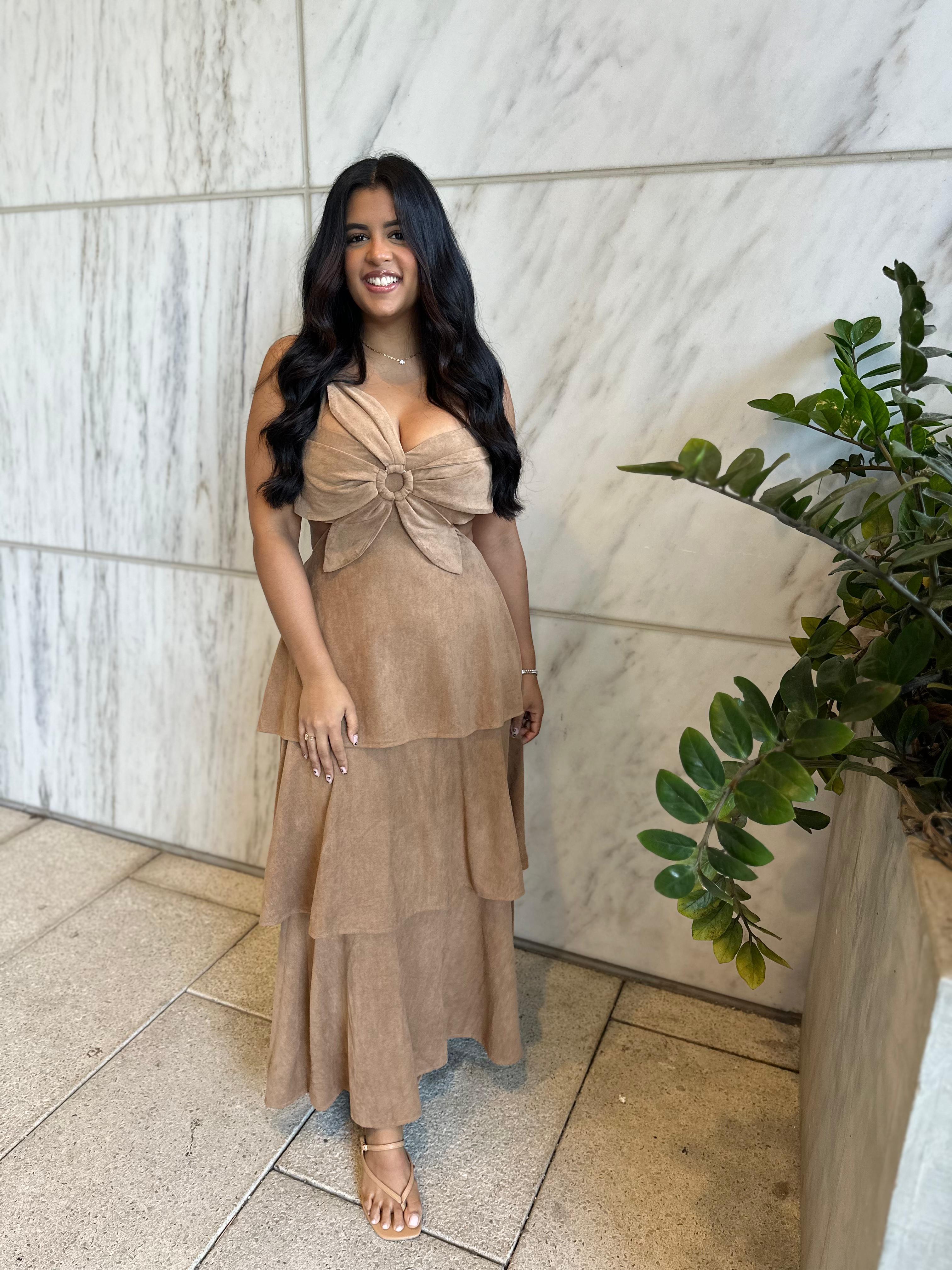 Suede Flower Top Tiered Maxi Dress
