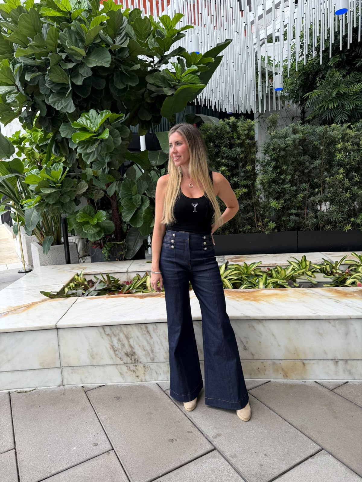 Side Button Denim Flare Pant