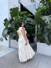 Ruffle Slv. Polka Dot Midi Dress