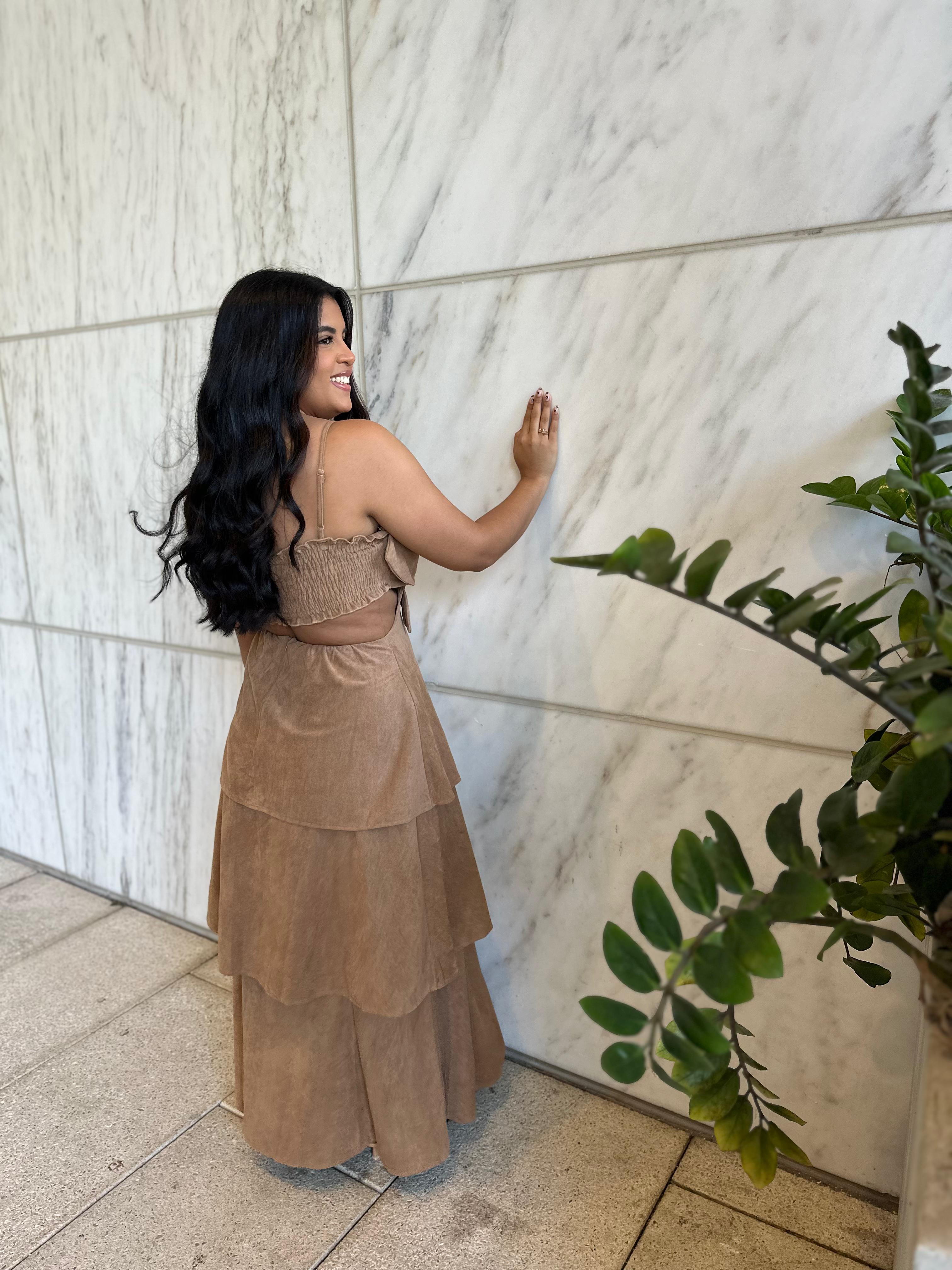 Suede Flower Top Tiered Maxi Dress