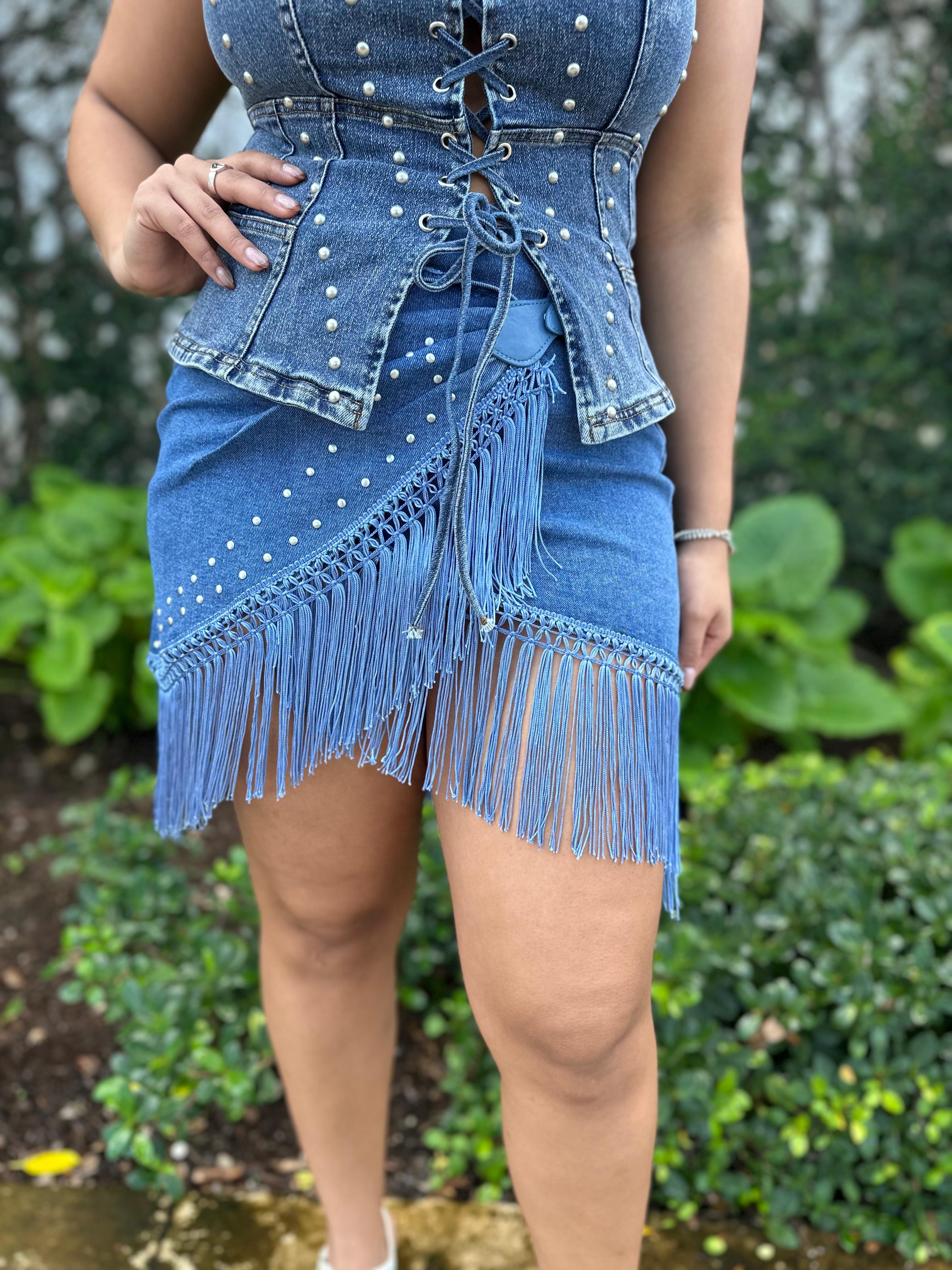 Fringe Wrap Denim Mini Skirt