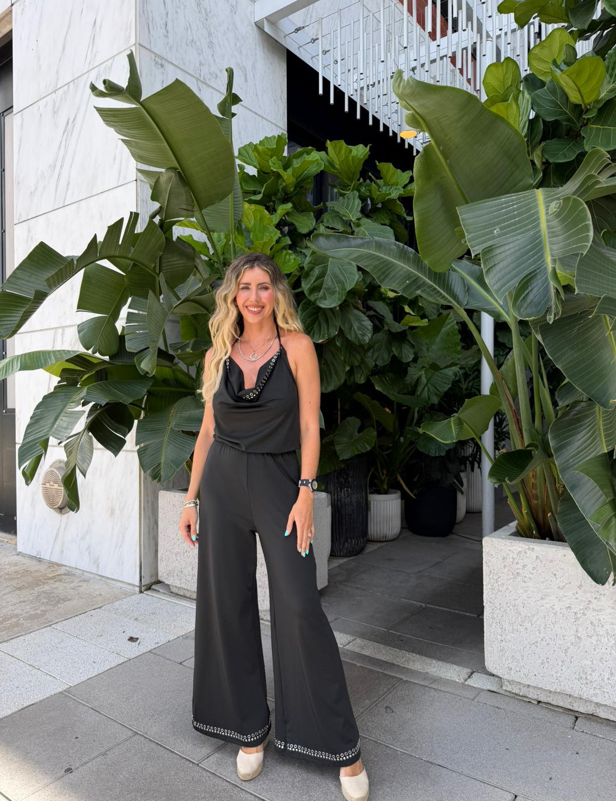 Cowl Neck Jumpsuit w. Studs