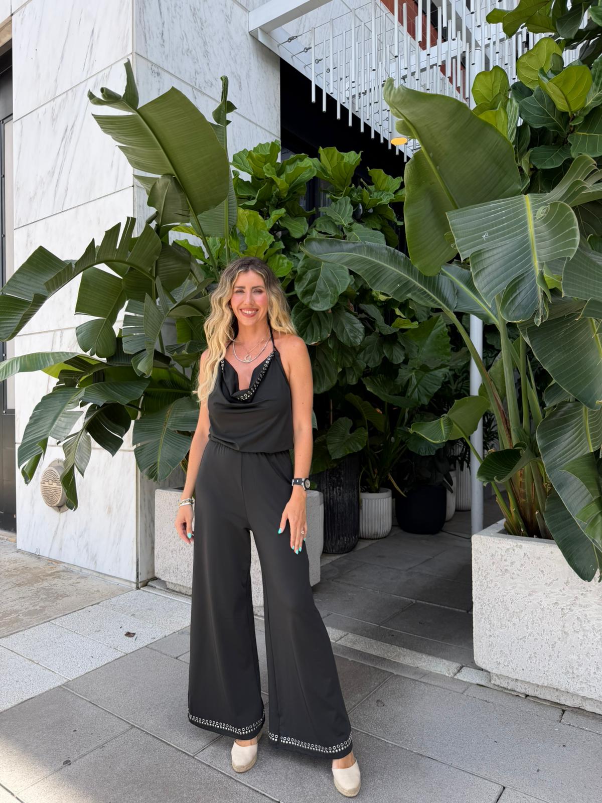 Cowl Neck Jumpsuit w. Studs
