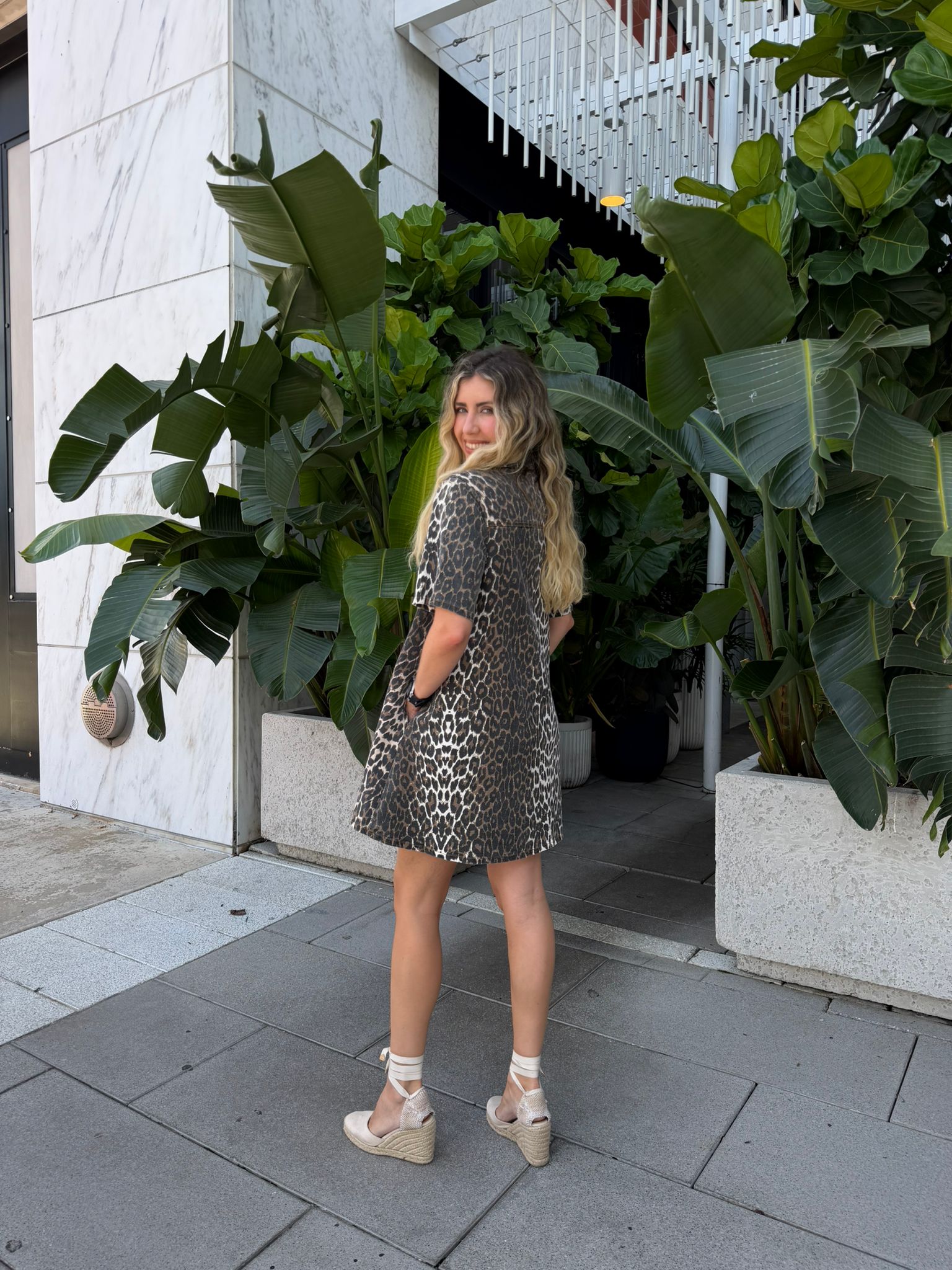 Leopard Print Button-Up Denim Dress