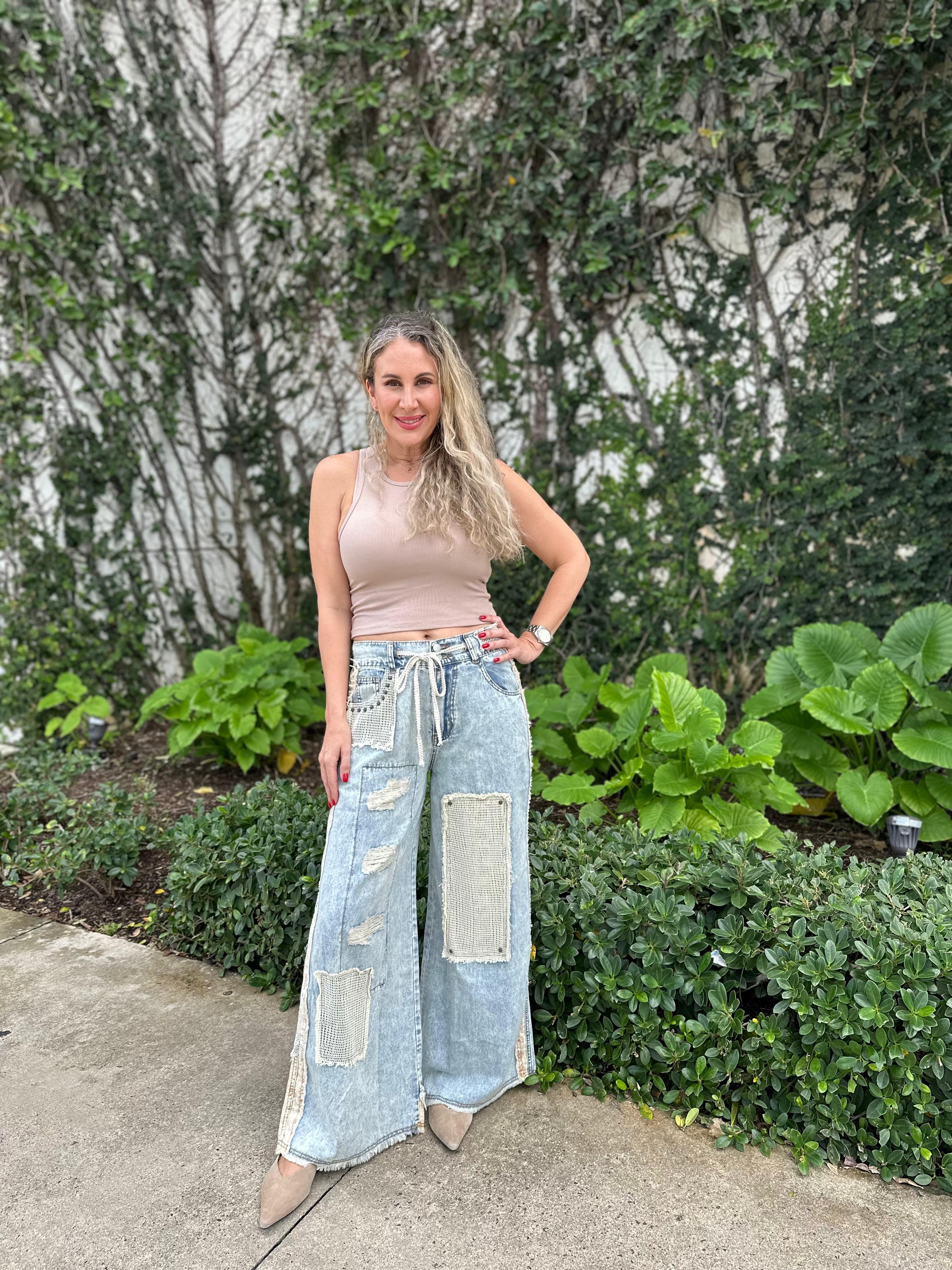 Drawstring & Patches Denim Pants