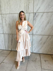 Knotted Flower Pleat Midi Dress