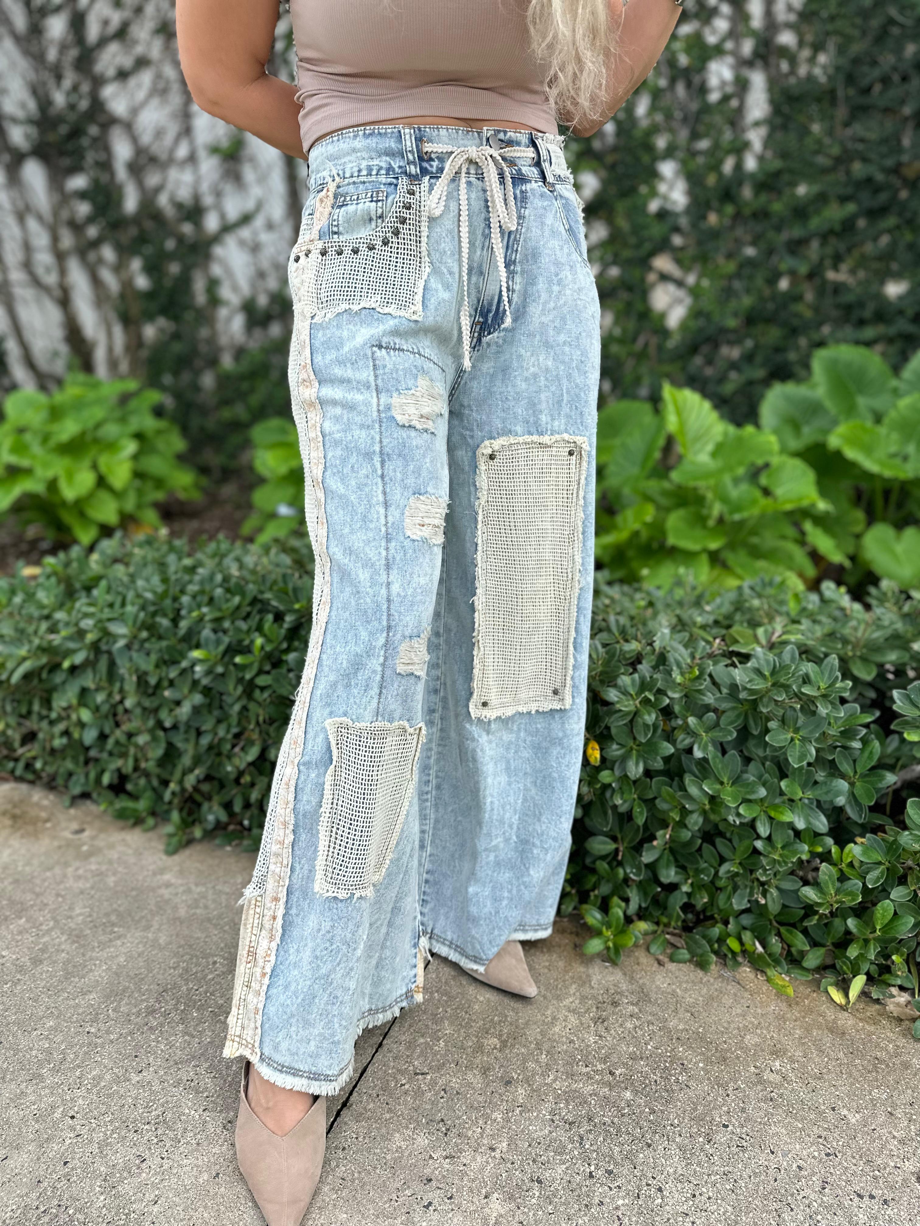 Drawstring & Patches Denim Pants