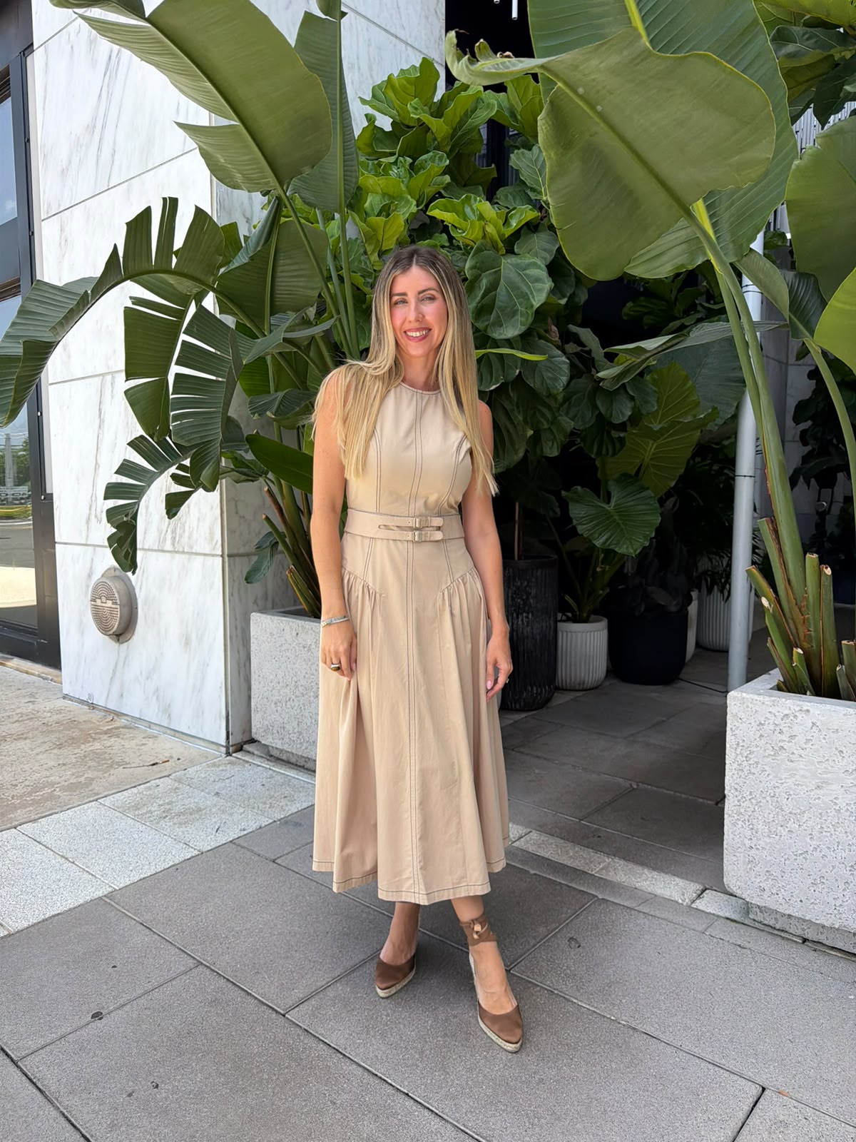 Top-Stitch Buckle Poplin Midi Dress