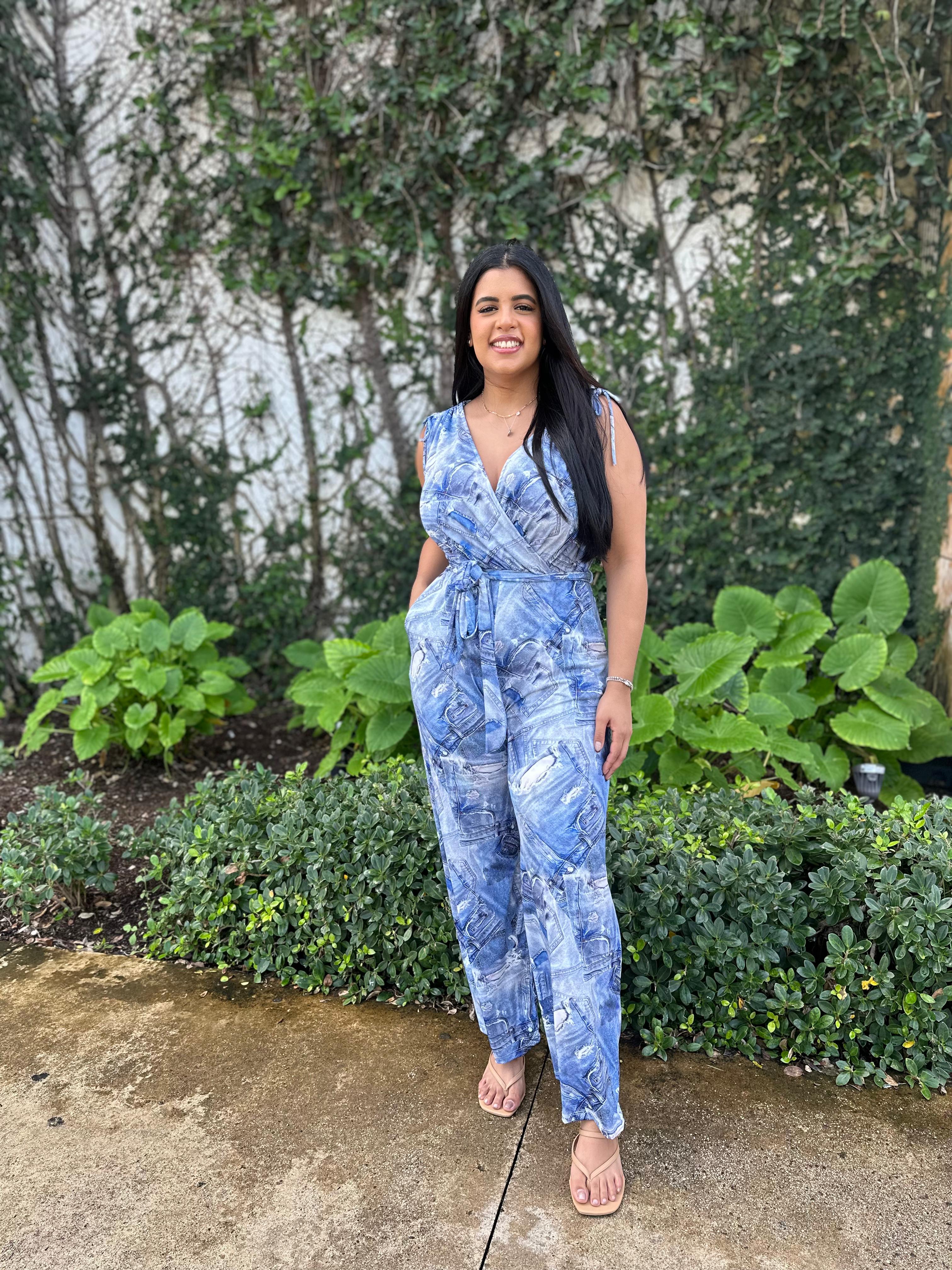 Printed Surplice Jumpsuit With Belt