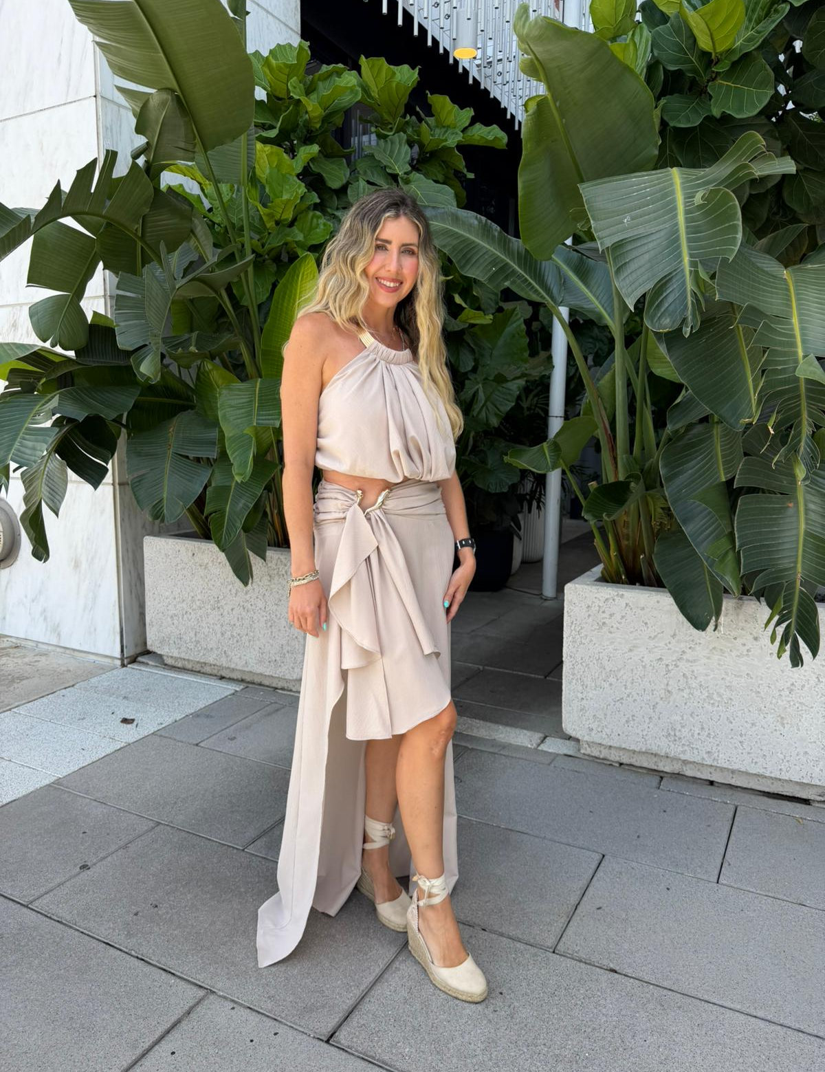 Metal Halter Top & Buckel High Low Skirt