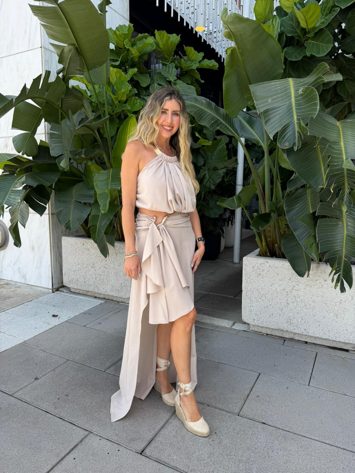 Metal Halter Top & Buckel High Low Skirt