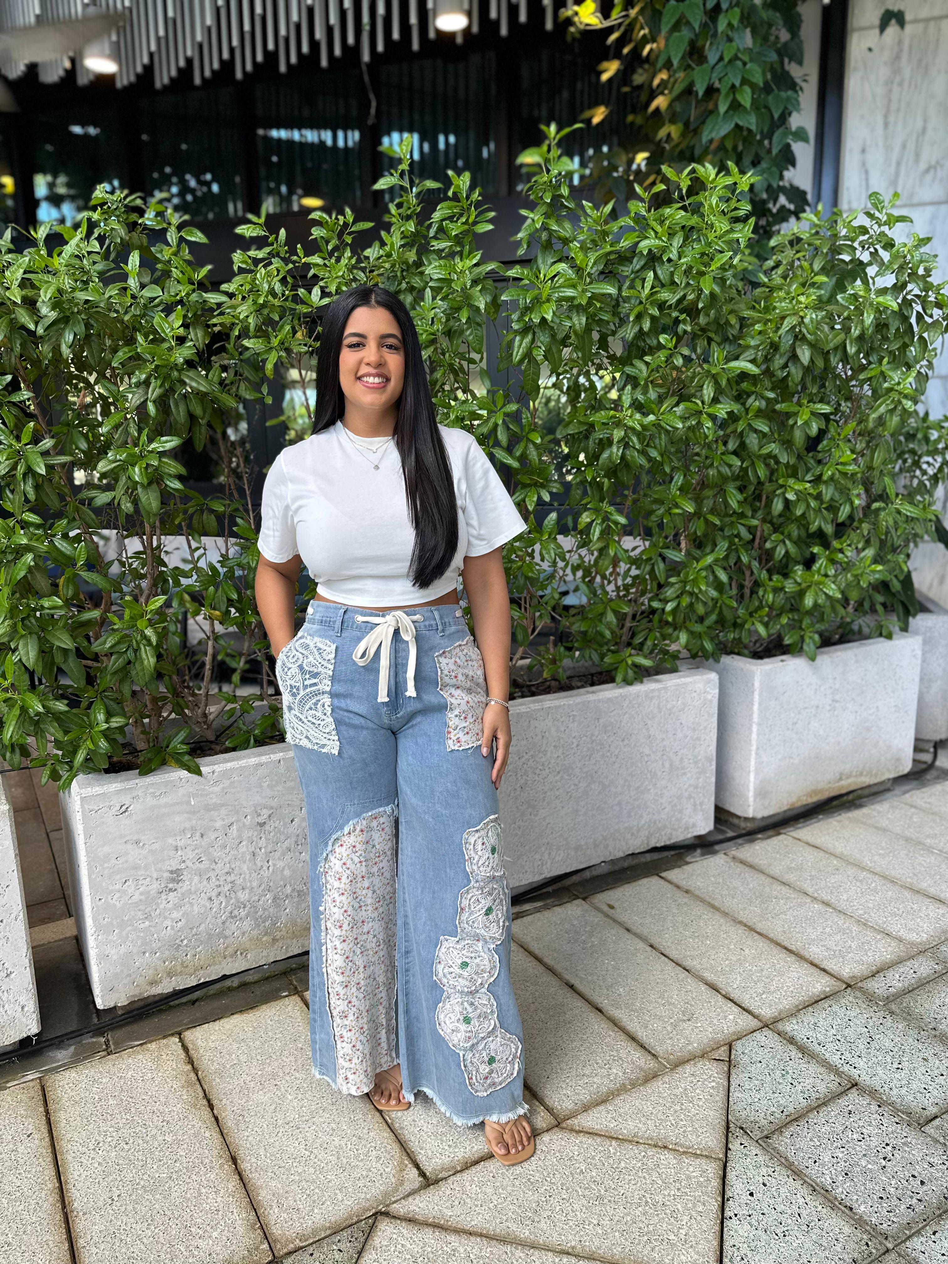 Floral Patches Denim Pants