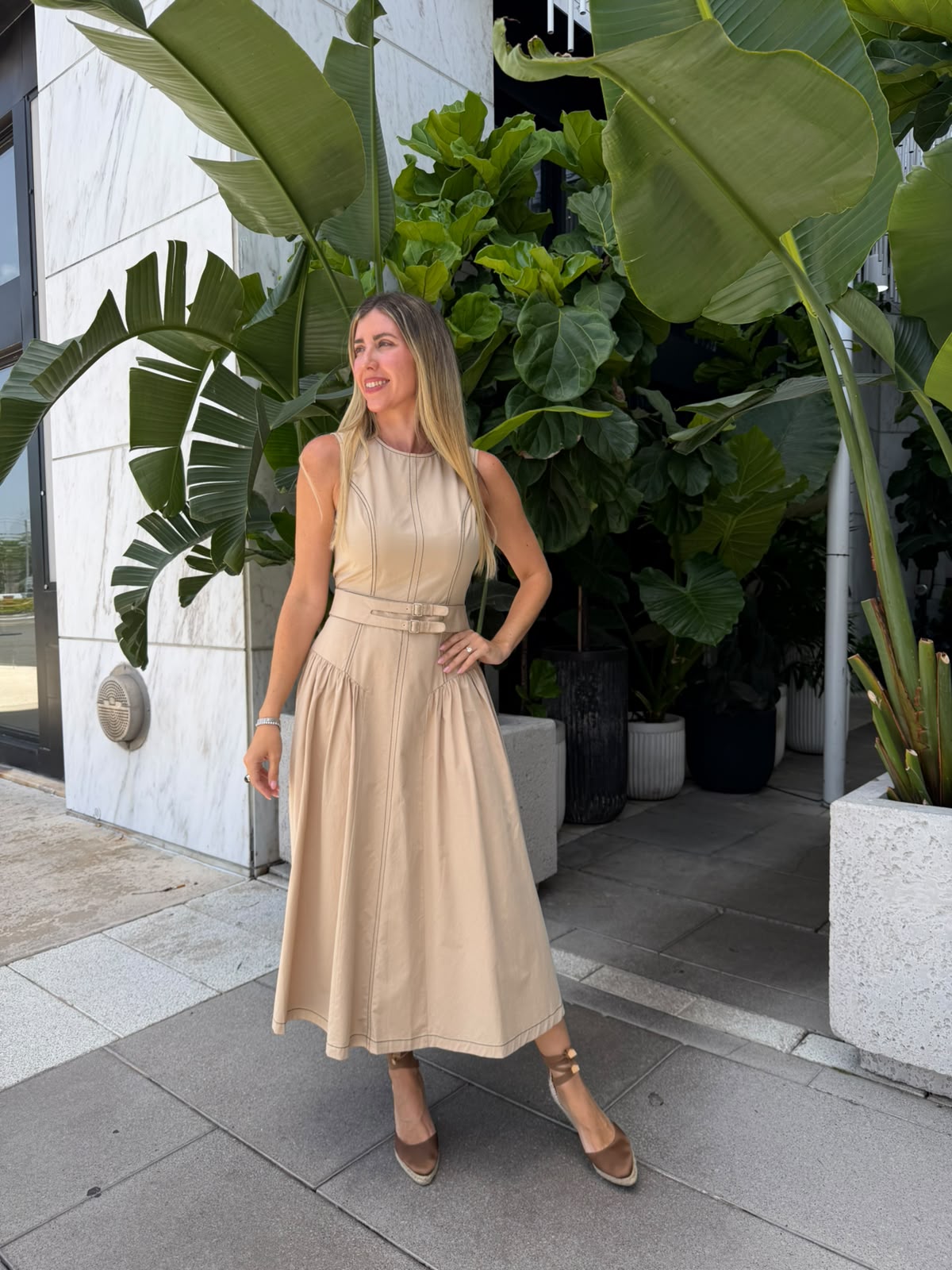 Top-Stitch Buckle Poplin Midi Dress