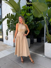 Top-Stitch Buckle Poplin Midi Dress