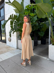 Top-Stitch Buckle Poplin Midi Dress