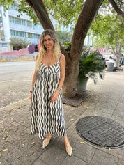 Wavy Striped Satin Midi Dress