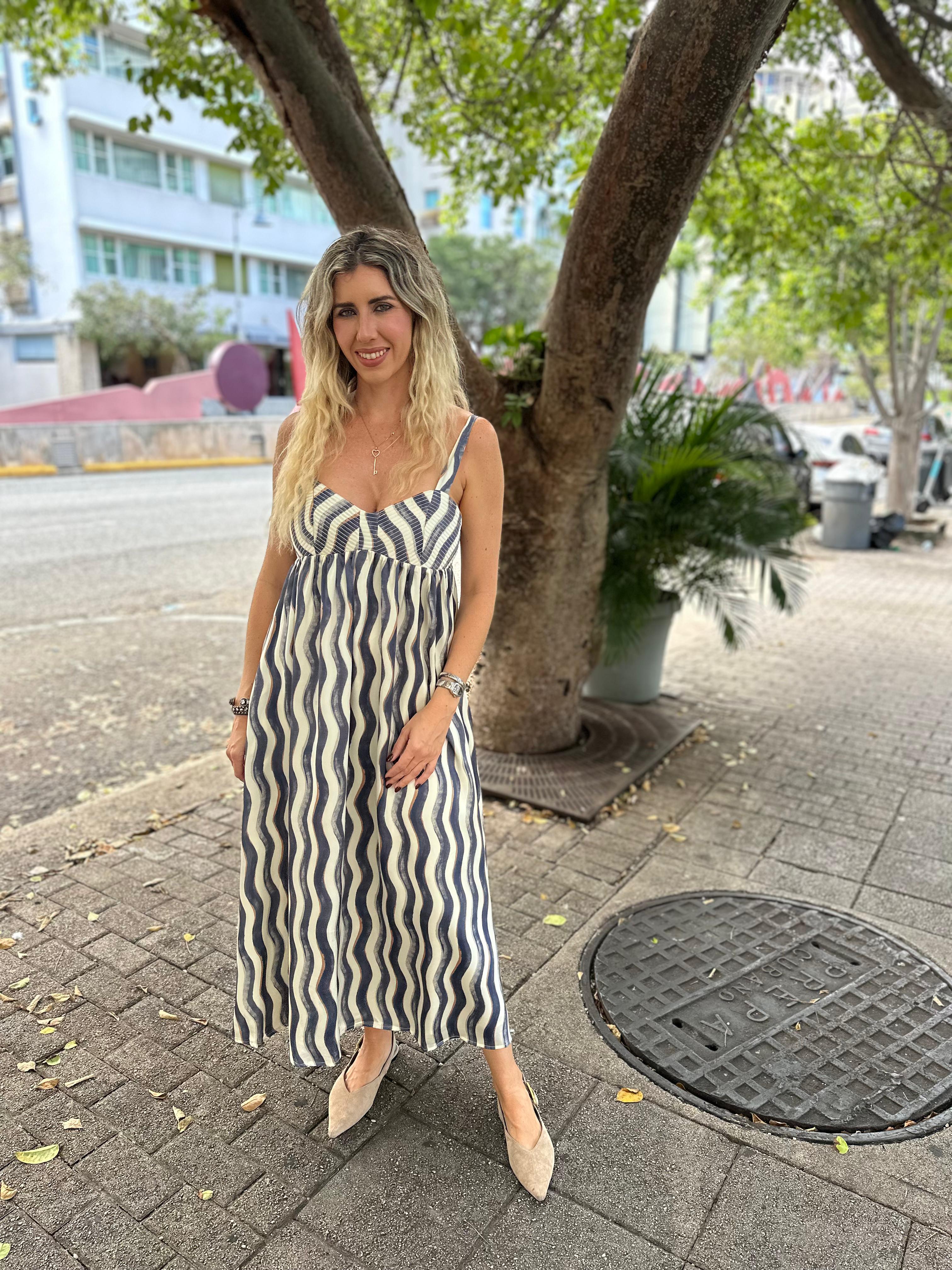 Wavy Striped Satin Midi Dress