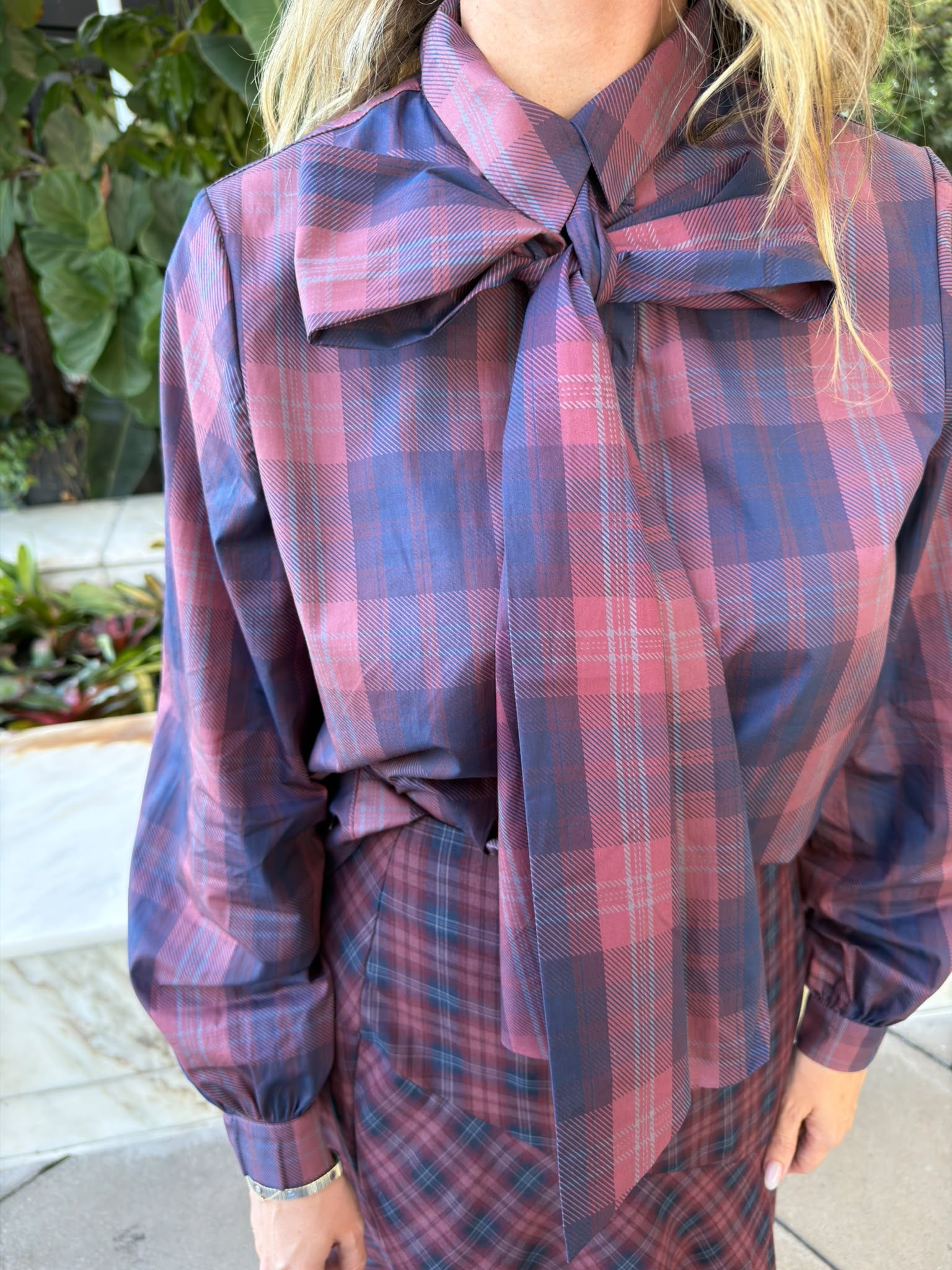 Check Pussy Bow Shirt