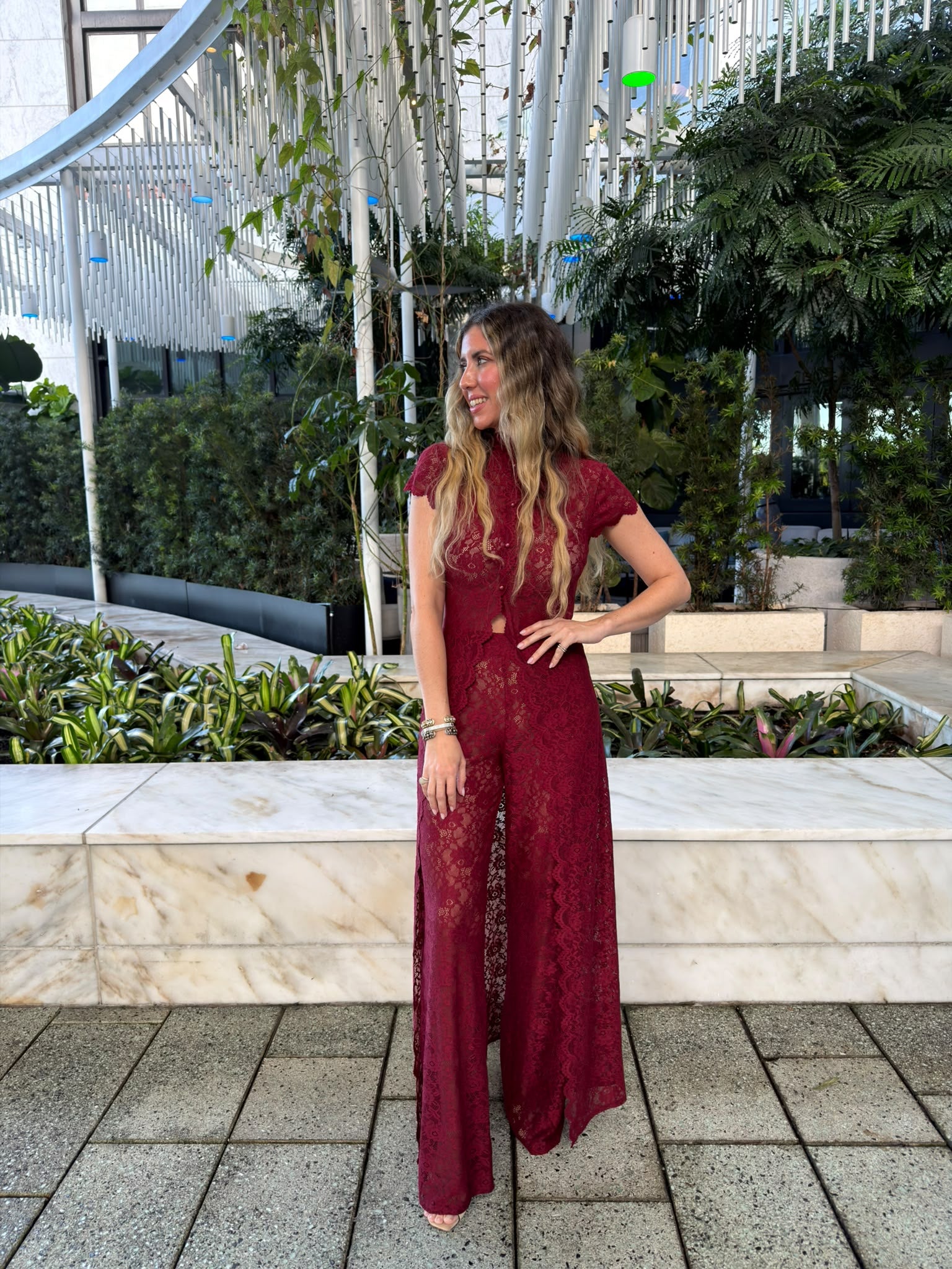 High Neck Lace Long Blouse & Pants