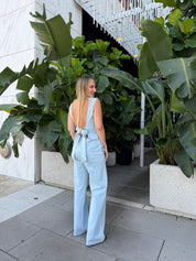 Denim Backless Tie Jumpsuit