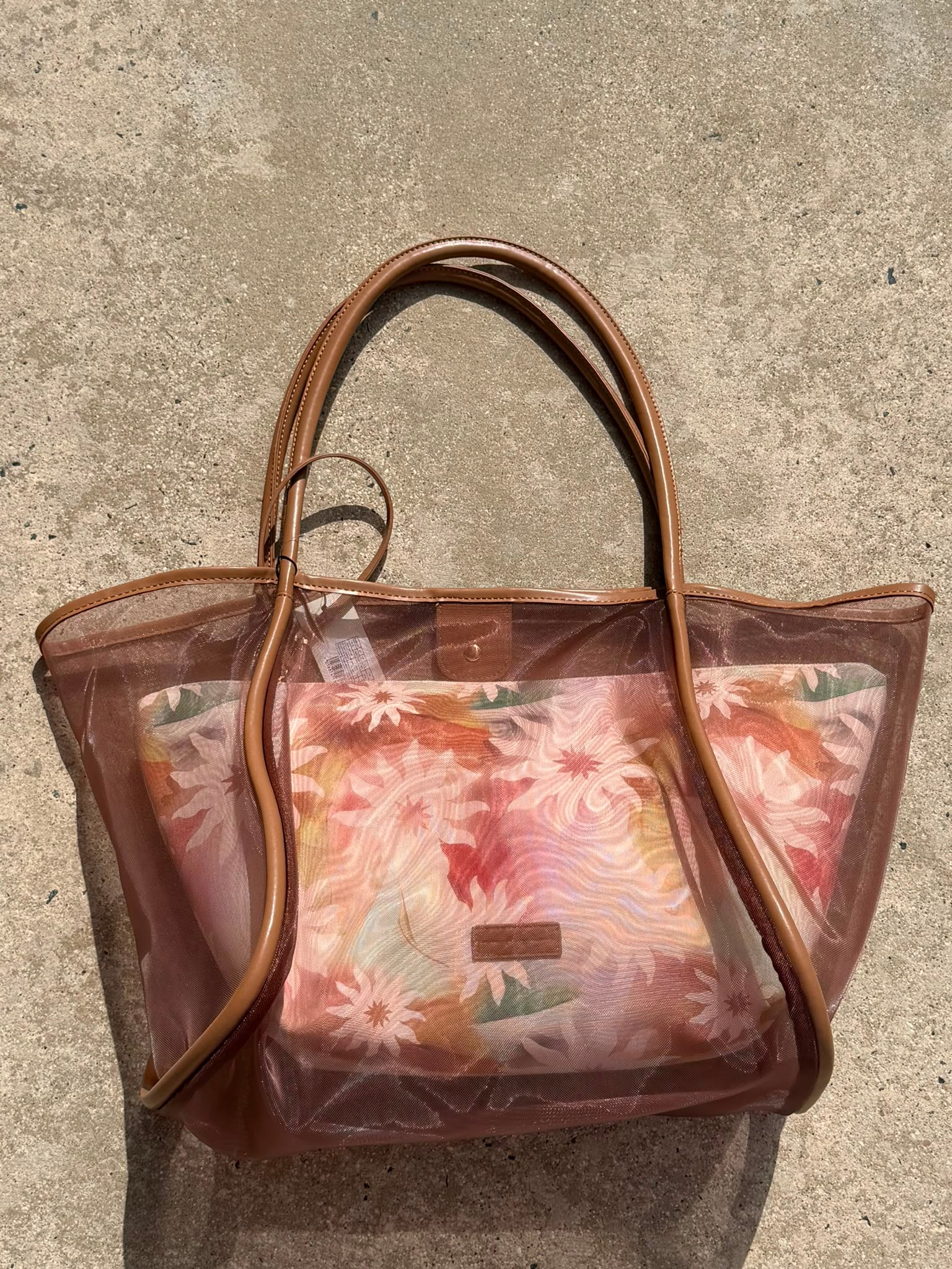 Nude Abstract Mesh Tote Bag With Pouch