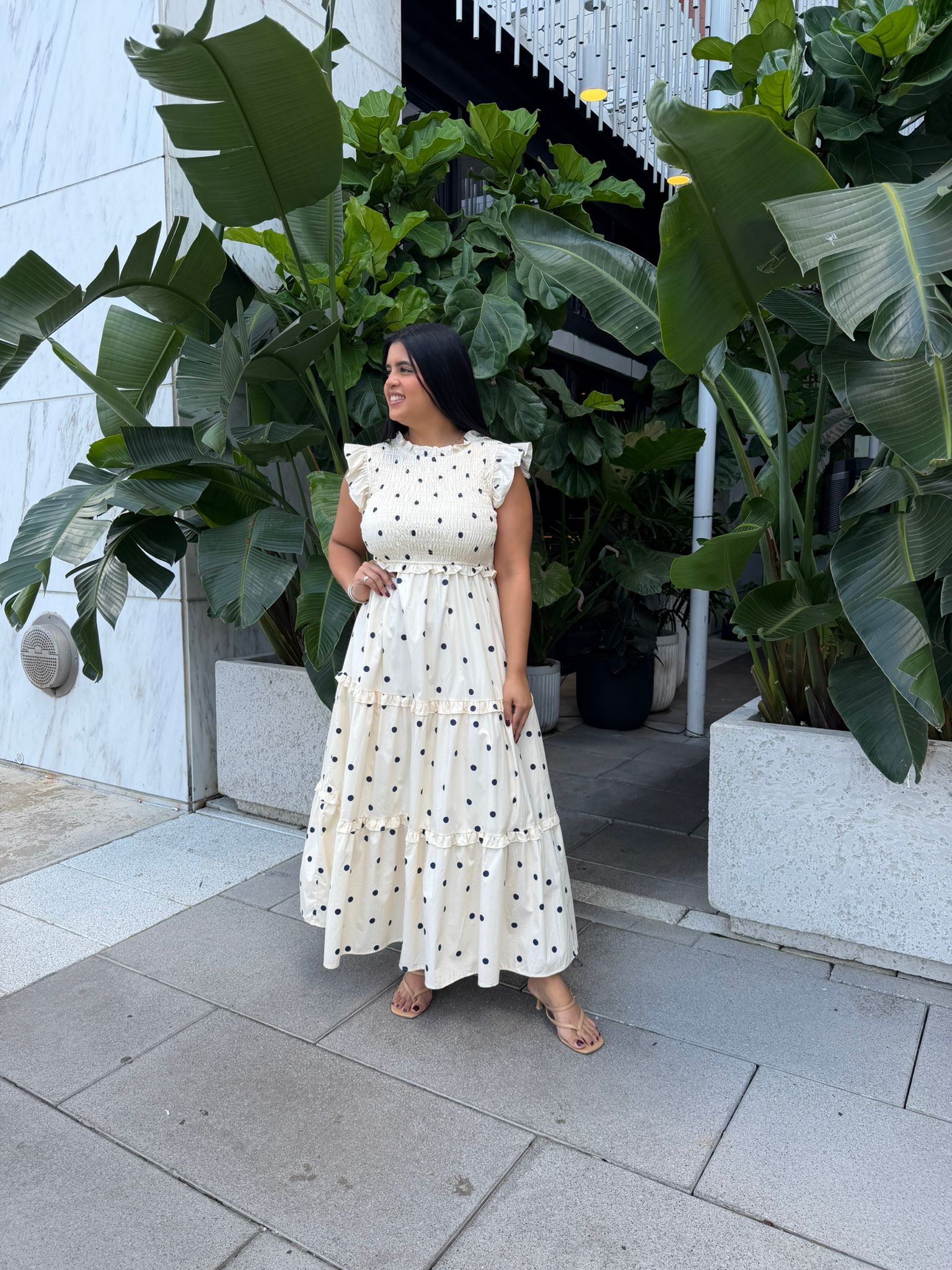 Ruffle Slv. Polka Dot Midi Dress