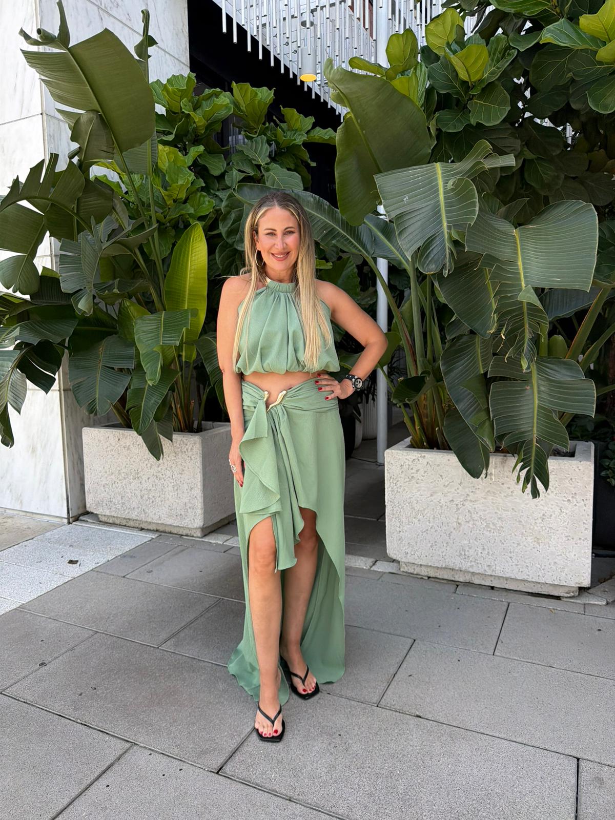 Metal Halter Top & Buckel High Low Skirt